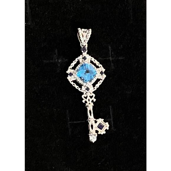 Sterling Silver SS925 Key Pendant Blue Topaz Gemstone Filigree Vintage Boho Gift - Picture 3 of 7